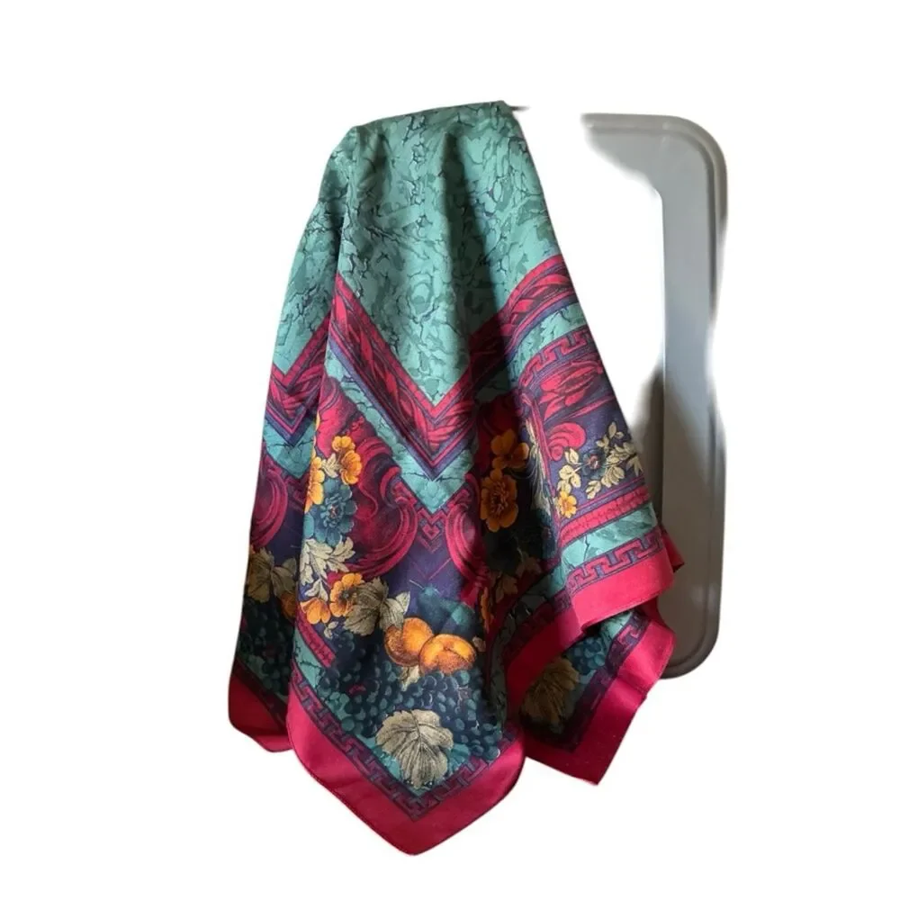 Floral Baroque Print Silk Scarf in Teal & Magenta